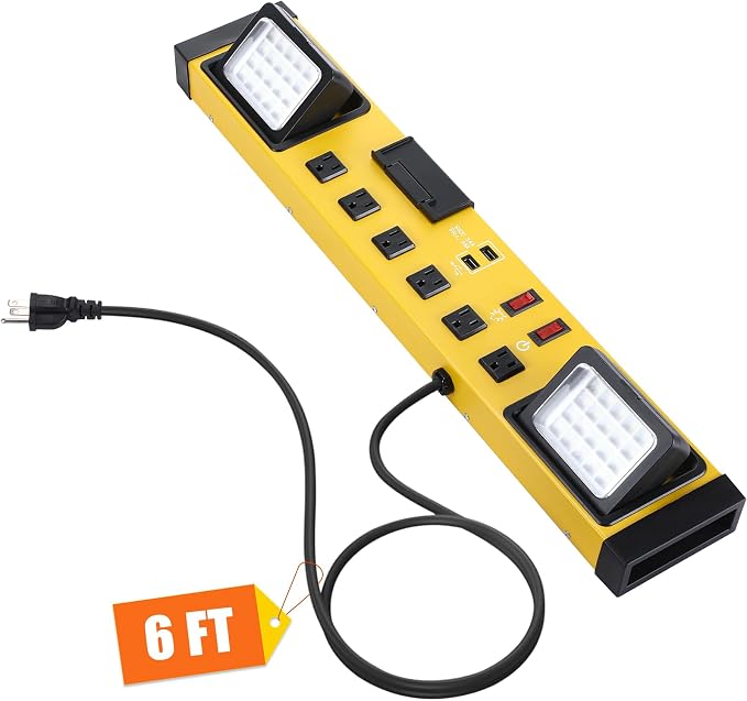 6 Outlets Power Strip with LED Worklight, Metal Heavy Duty Wall Mount Workbench by Tellegloww