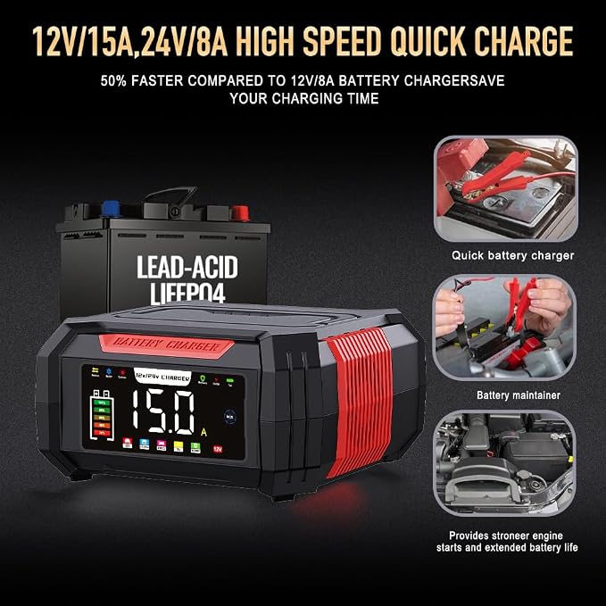 15 Amp Battery Charger, 12V 24V LiFePO4 Car Battery Charger 9-Stage Trickle - Image 8