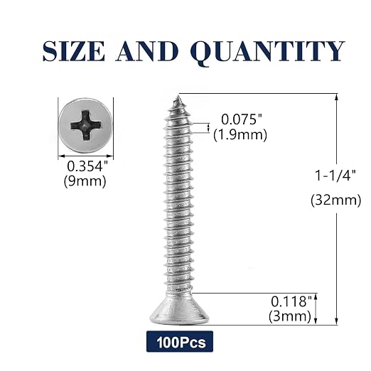 #10 x 1-1/4" Wood Screw 100Pcs 18-8 Stainless Steel Screws Flat Head Phillips - Image 2