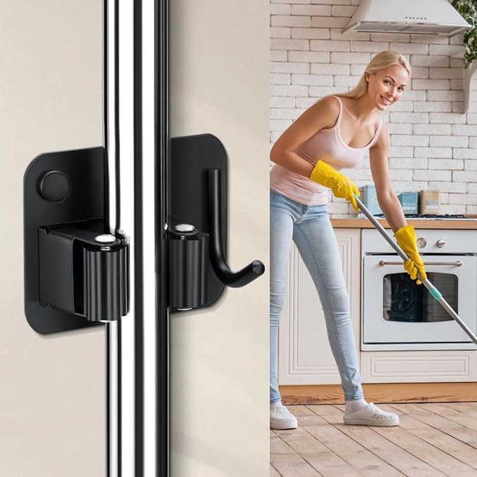 4-Pack Broom Holder with Heavy Duty Hooks, Upgraded Stainless Steel Mop Hanger. - Image 5