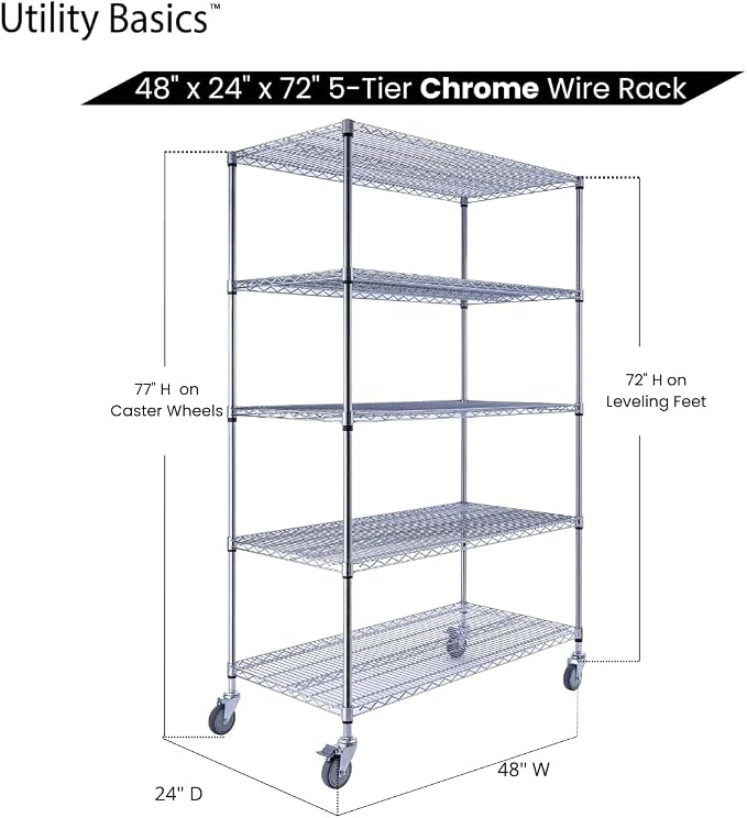 48"x24"x72" Chrome 5-Tier PREMIUM Wire Shelving NSF 4000 LBS MAX CAPACITY Heavy - Image 7