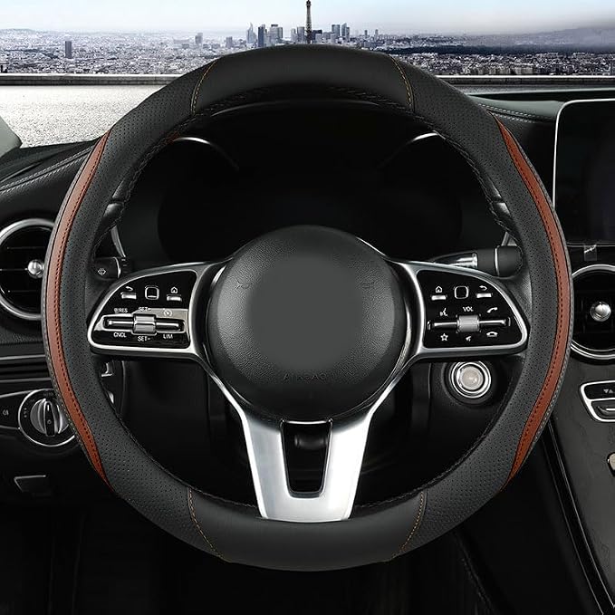 Car Steering Wheel Cover, Leather Steering Wheel Cover Brown Universal 14.5-15 by Szttswamp