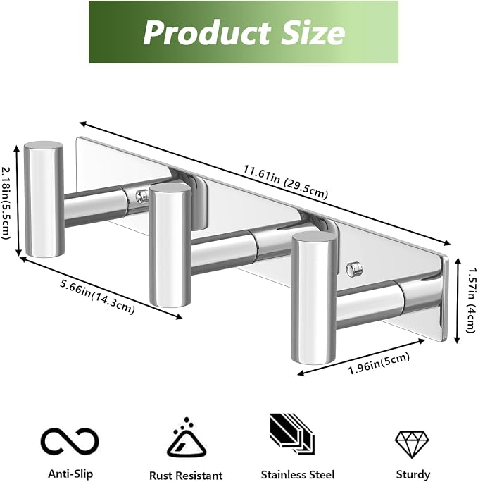 Wall Mounted Coat Rack-3 Hooks, Heavy Duty Stainless Steel Hook Rail - Image 2