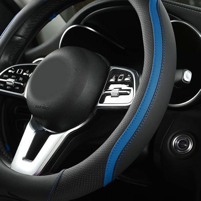 Car Steering Wheel Cover, Leather Steering Wheel Cover Blue Universal 14.5-15 - Image 2