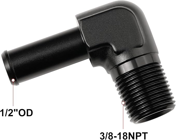 3/8 NPT Male to 1/2" Hose Barb Fitting Adapter 90 Degree Elbow Aluminum Black - Image 2