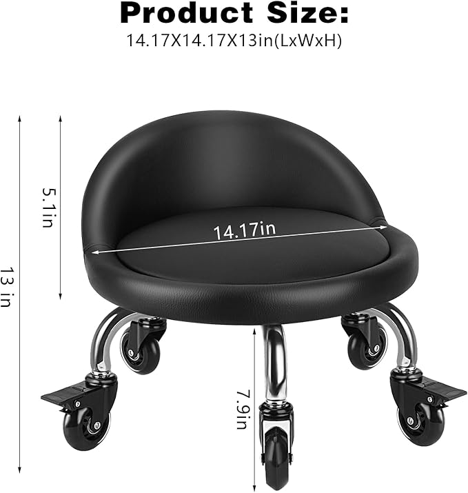 Rolling Stool with Backrest Low Height Rolling Stool with PU Leather, Roller - Image 3