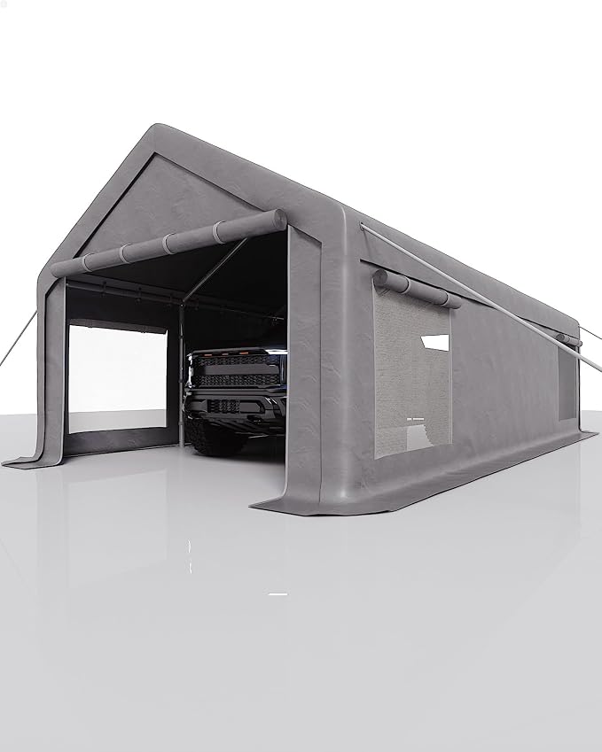 13x25 Ft Carport with 10 Sandbags, Car Port with 220g PE Tarp, 2 Roll-Up Doors - Image 2
