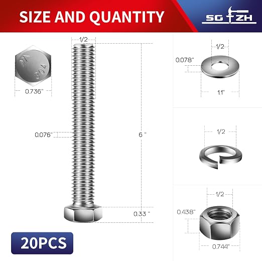 1/2-13 x 6" Hex Head Screw Bolt, Flat & Lock Washers, Fully Threaded, by SG TZH - Image 2