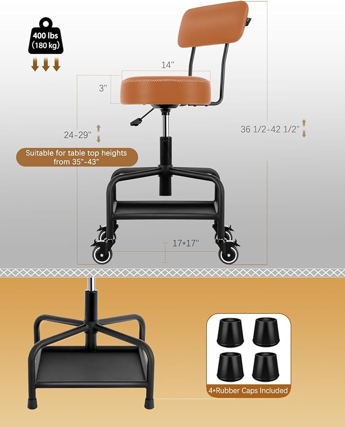 Shop Stool with Lockable Rubber Wheels Adjustable Backrest Tool Tray Storage - Image 2