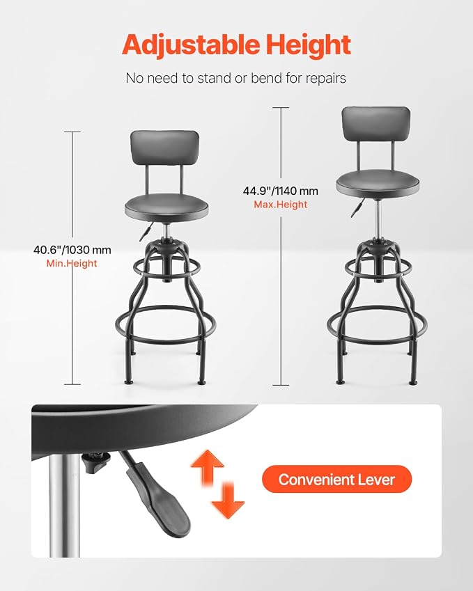 VEVOR Shop Stool with Backrest, Pneumatic Garage Seat/Work Stool with 300 lbs - Image 3