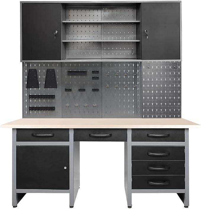 JZD Metal Storage Organization System, Wall Mount Tool Cabinet, Wood Tabletop by JZD