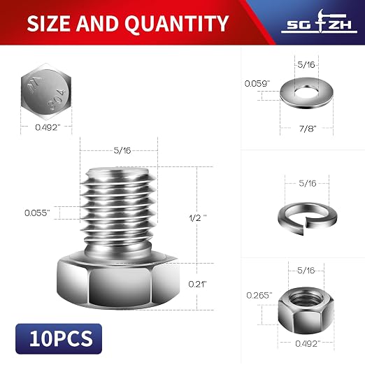 5/16-18 x 1/2" Hex Head Screw Bolt, Flat & Lock Washers, Fully Threaded - Image 2