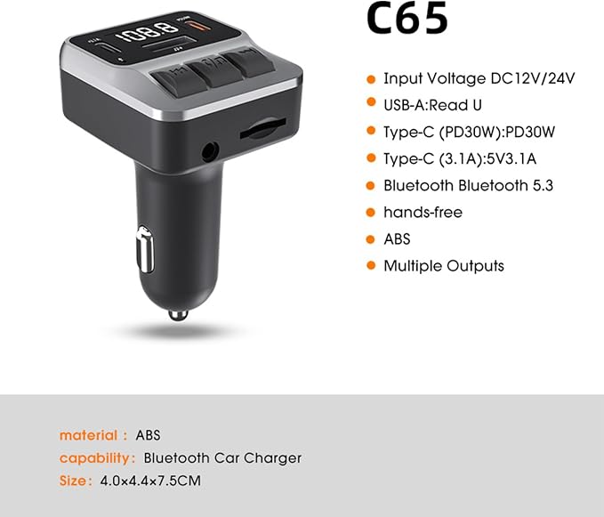 Car Bluetooth 5.3 FM Transmitter，with Dual PD 30W Type-C Car Fast Charging and - Image 6