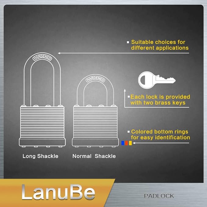 Lanube Lock 12-Pack Laminated Keyed Padlock Set 3 Colors, 2 Short 2 Long - Image 6