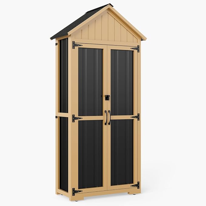 Outdoor Storage Cabinet with Shelf, Wood & Metal Storage Shed with Lockable - Image 8