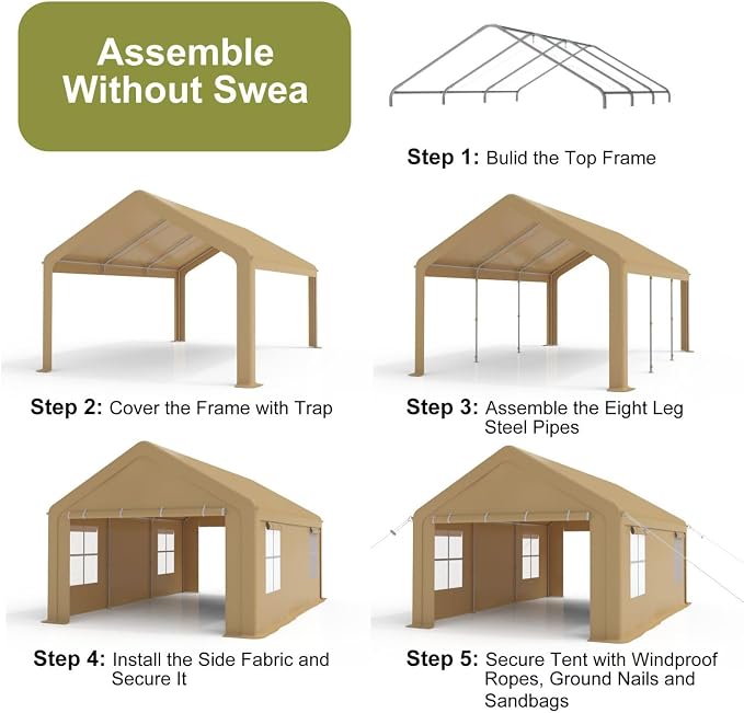 10x20FT Portable Garage, Galvanized Frame & 180 g PE Waterproof Canopy - Image 3