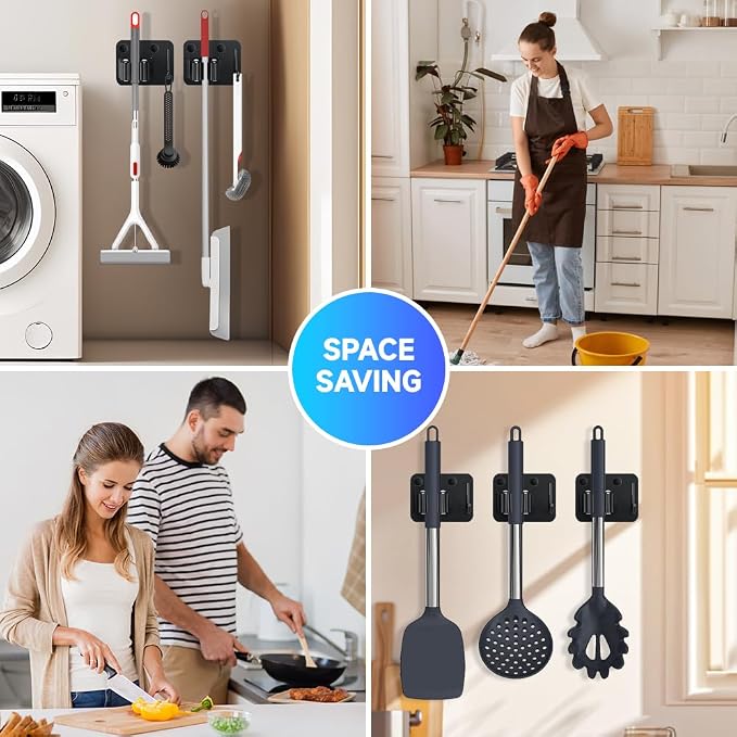 4-Pack Broom Holder with Heavy Duty Hooks, Upgraded Stainless Steel Mop Hanger. - Image 6