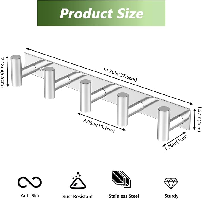 Wall Mounted Coat Rack-5 Hooks, Heavy Duty Stainless Steel Hook Rail - Image 2