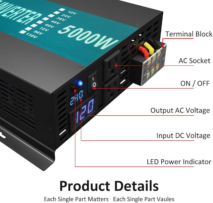 WZRELB Pure Sine Wave 5000W 24V Power Inverter DC to AC Power - Image 2