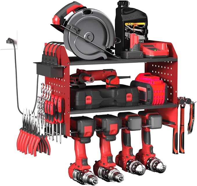 Power Tool Organizer Wall Mount – Adjustable Shelf, Side-Mounted 4-Outlet by Unknown
