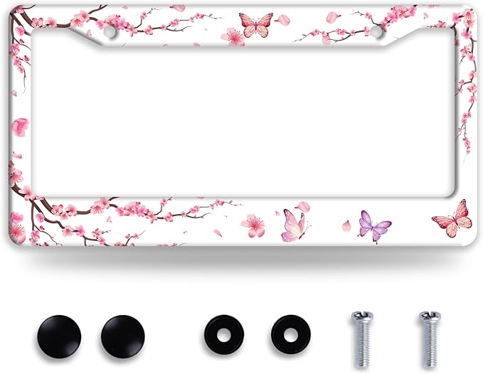 Pink Cherry Blossom Butterfly License Plate Frame Beautiful Flowers License by BRAGHRTED