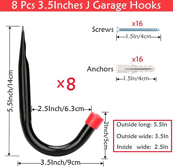 Garage Storage J Utility Hook, 8 Pack Heavy Duty Wall Mounted Hanging Hooks - Image 2