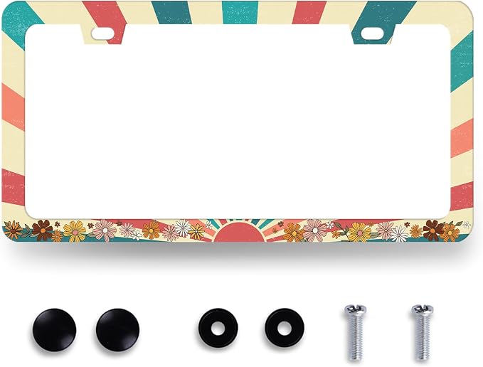 Retro Sun Boho Floral License Plate Frame Colorful Hippie Flowers License Plate by MUAWUOIK
