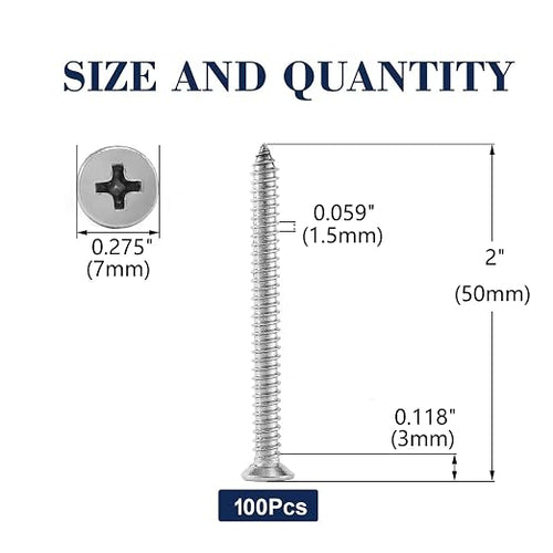 #7 x 2" Wood Screw 100Pcs 18-8 Stainless Steel Screws Flat Head Phillips Fast - Image 2