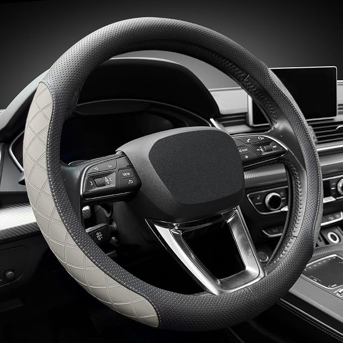 LKWLIKEI Nappa Leather Steering Wheel Cover, Elegant Diamond Checkered Design - Image 2