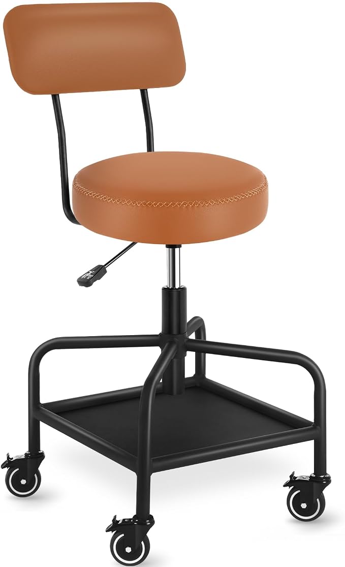 Shop Stool with Lockable Rubber Wheels Adjustable Backrest Tool Tray Storage by WUDOYO