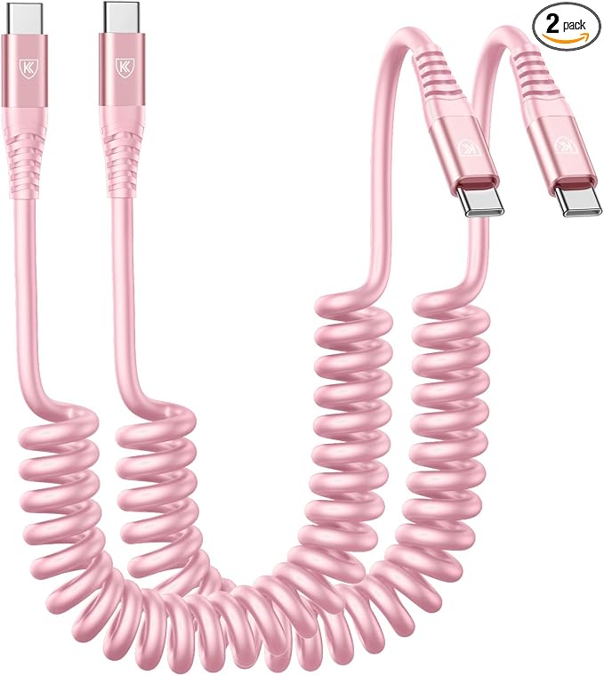 USB C to C Cable 3FT for Car, Coiled USB C Fast Charging Cable for iPhone 16 by KIYODA