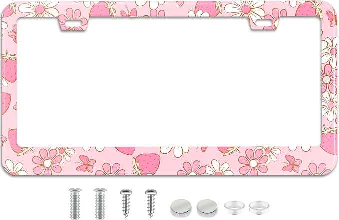 Pink Strawberry Butterfly Floral License Plate Frame Stainless Steel License by TXWWXT