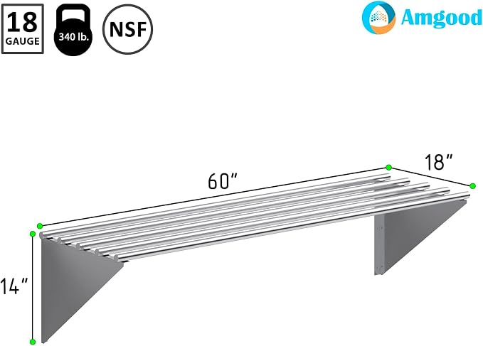 AmGood 18 in. x 60 in. NSF Stainless Steel Tubular Wall Shelf | Heavy-Duty - Image 3