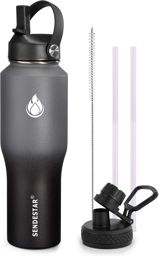 SENDESTAR Water Bottle 32oz, 2 Lids, Wide Mouth Stainless Steel Vacuum by Sendestar