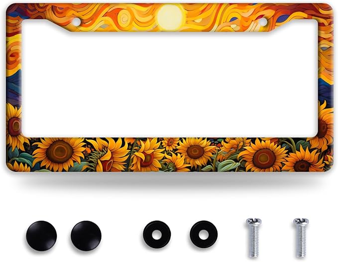 Sunflower Sun License Plate Frame Funny Yellow Flower License Plate Frames by BRAGHRTED