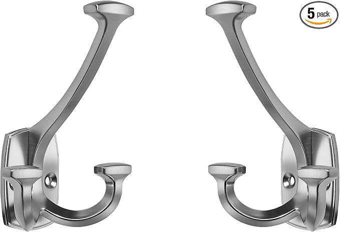 Large Wall Double-Sided Hook 5 Pack Brushed Satin Nickel Hook Decorative Heavy by ZAUYX