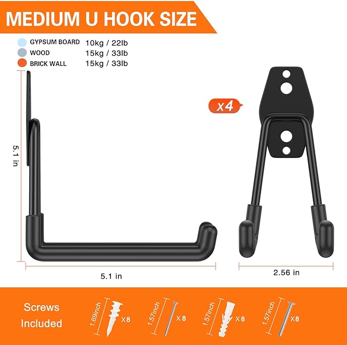 Heavy Duty Garage Hooks 4 Pack, 5.1 inch Medium U Shaped Hanger, Wall Mounted - Image 2