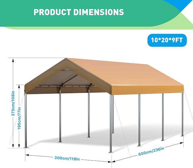 10X20 Ft Heavy Duty Carport Canopy, Portable Garage, Car Tents, Reinforced - Image 3