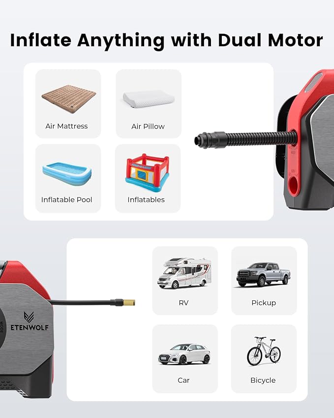 ETENWOLF VORTEX S6SE Cordless Tire Inflator Portable Air Compressor, 160 PSI - Image 7