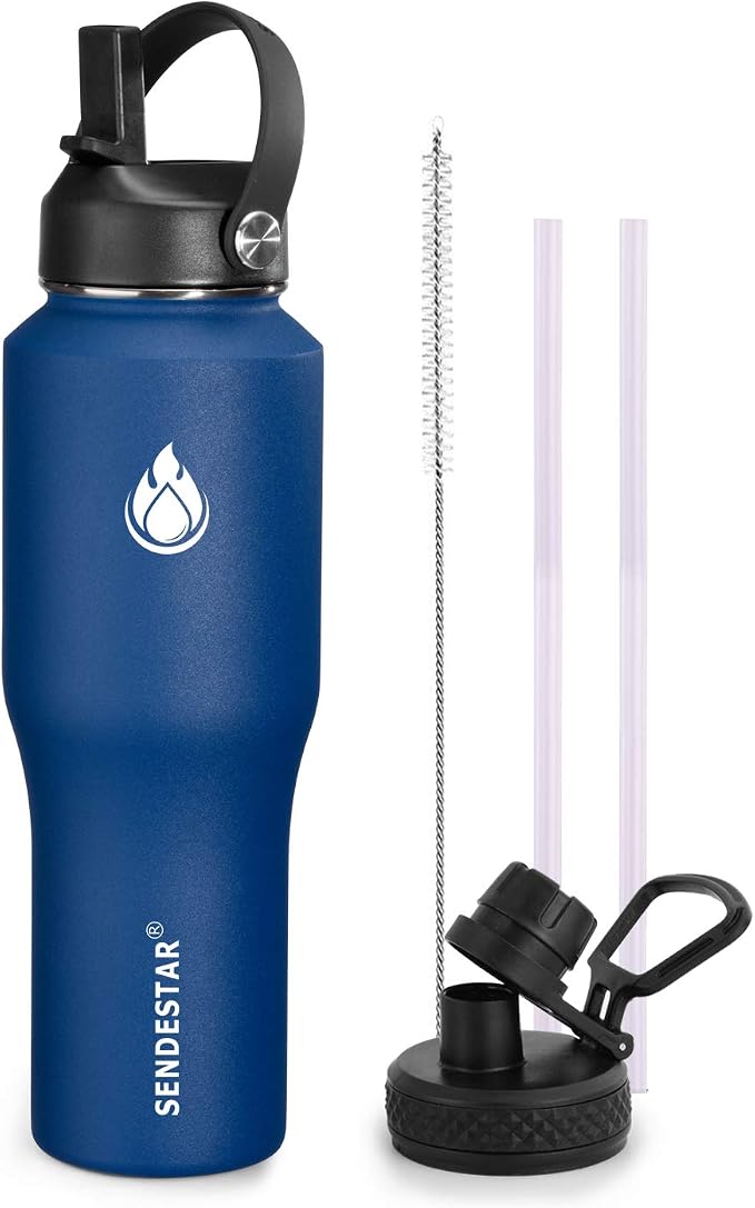 SENDESTAR Water Bottle 32oz, 2 Lids, Wide Mouth Stainless Steel Vacuum by Sendestar