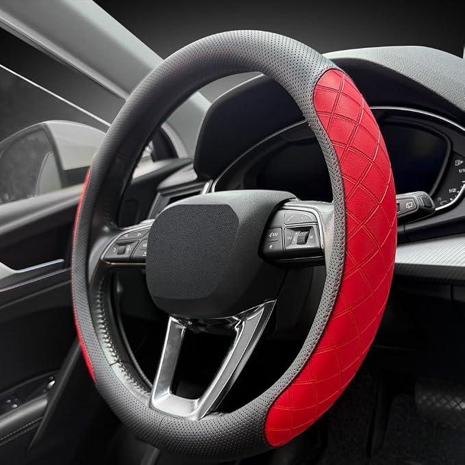 LKWLIKEI Nappa Leather Steering Wheel Cover, Elegant Diamond Checkered Design by LKWLIKEI