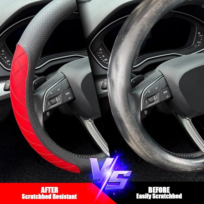 LKWLIKEI Nappa Leather Steering Wheel Cover, Elegant Diamond Checkered Design - Image 5