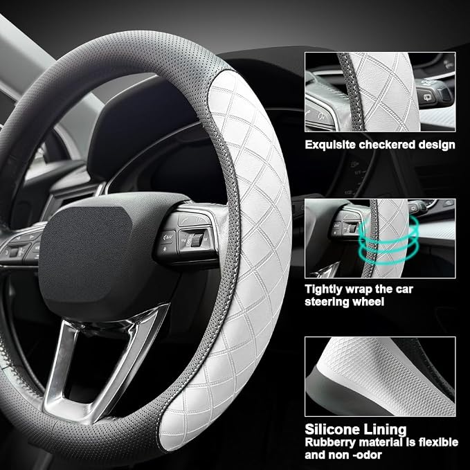 LKWLIKEI Nappa Leather Steering Wheel Cover, Elegant Diamond Checkered Design - Image 3