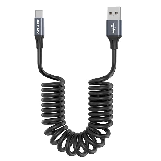 AGVEE 3ft Coiled Short USB to USB-C Charging Cable 3A Fast Charger Cord in Car by AGVEE