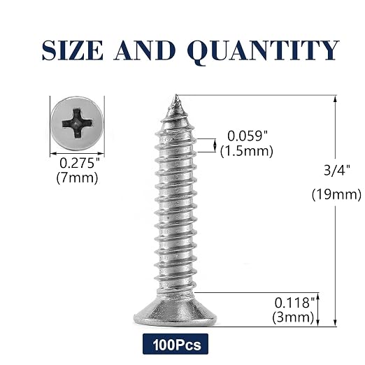 #7 x 3/4" Wood Screw 100Pcs 18-8 Stainless Steel Screws Flat Head Phillips Fast - Image 2