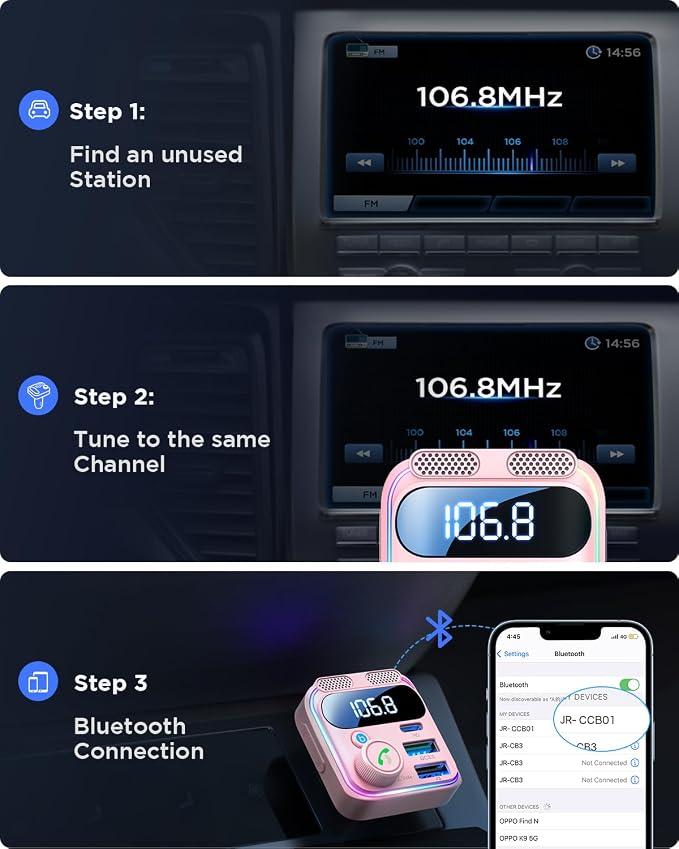 Bluetooth 5.4 Car Adapter FM Transmitter 81W PD & QC 3.0 USB C Car Charger - Image 7