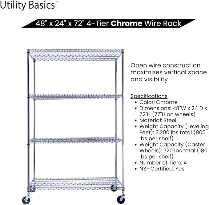 48"x24"x72" Chrome Premium Metal Steel Wire Shelving 4-Tier NSF 3200 LBS MAX - Image 5