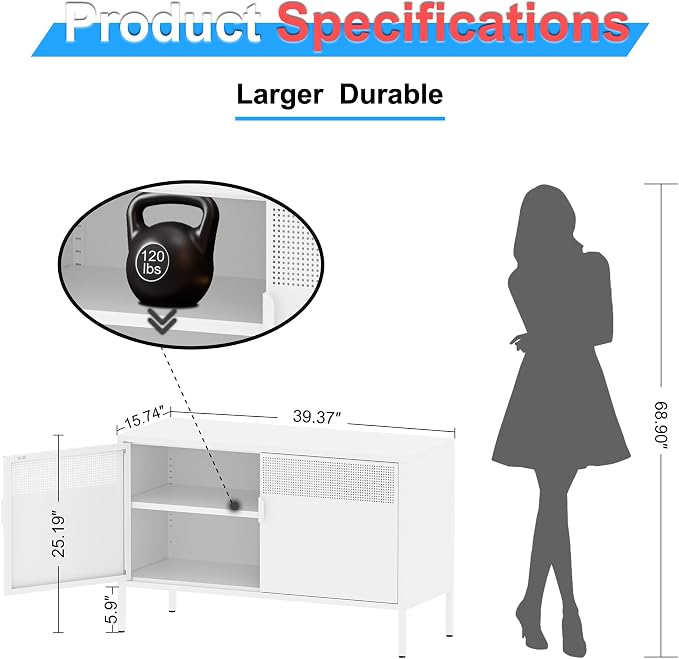 2 Door Storage Sideboard, Metal Storage Cabinet - Image 2