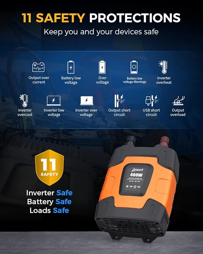 Ampeak 400W Power Inverter 4.8A Dual USB Ports 2 AC Outlets Car Inverter DC 12V - Image 2