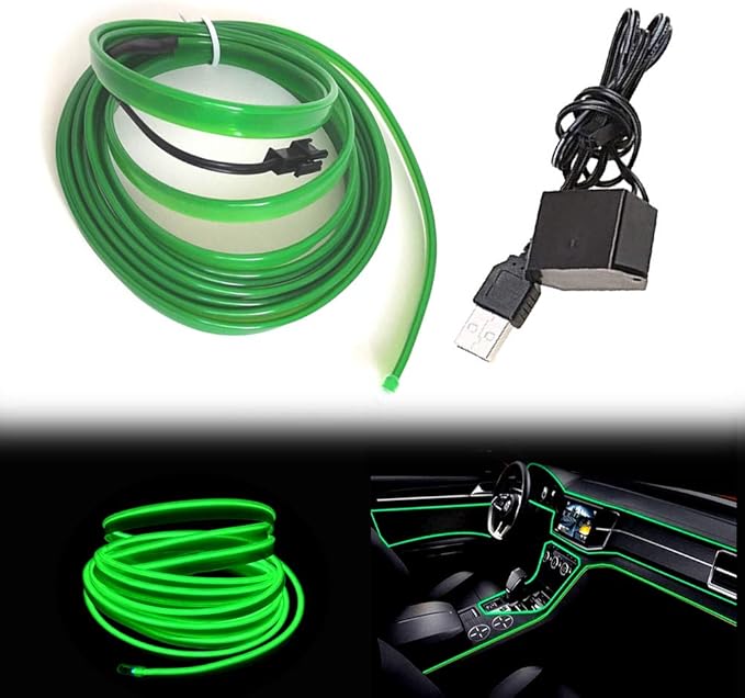 El Wire Green Interior Car LED Strip Lights, 3M Neon Wire USB 5V by Maxlaxer